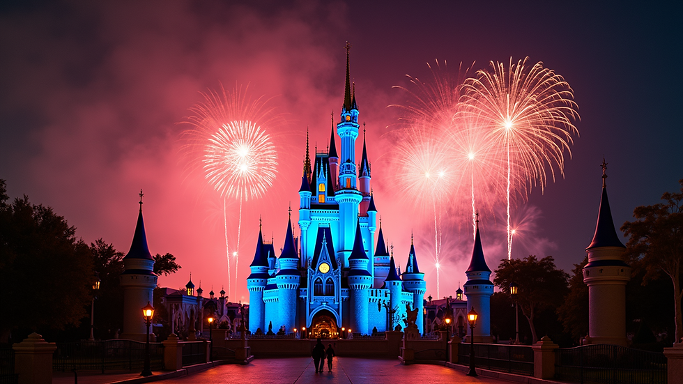 Eye-level view of Disney castle with fireworks in the background