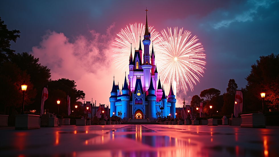 Eye-level view of a Disney castle with fireworks in the background