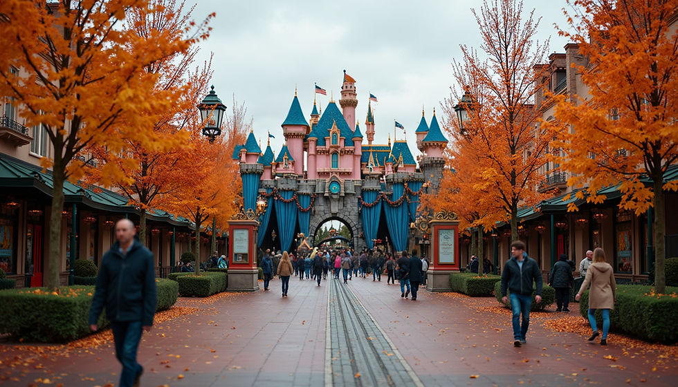 Wide angle view of Disney park entrance with autumn decorations