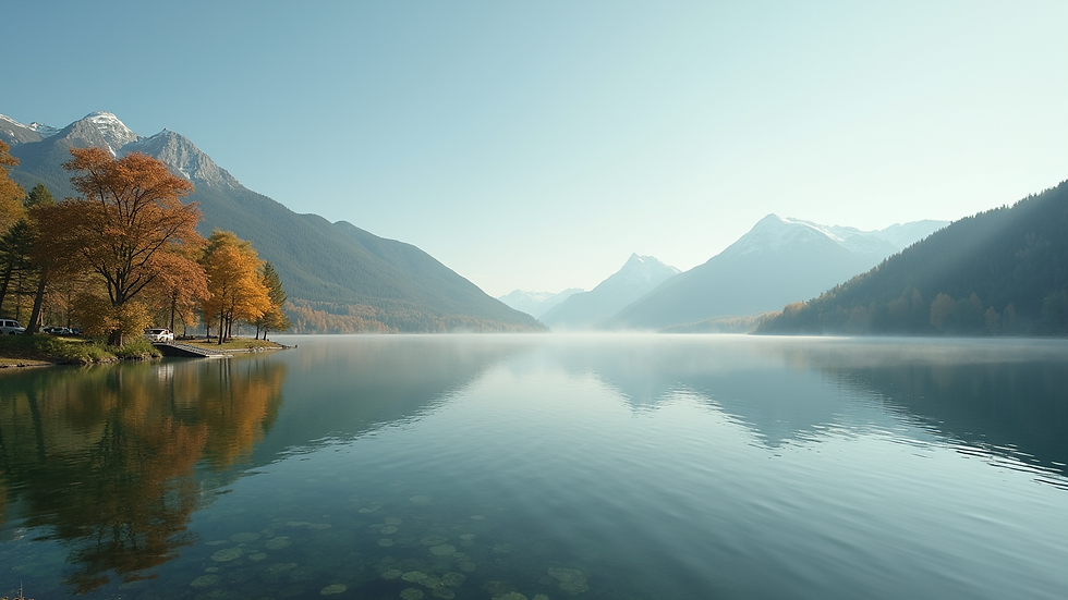 Eye-level view of a serene landscape with a calm lake