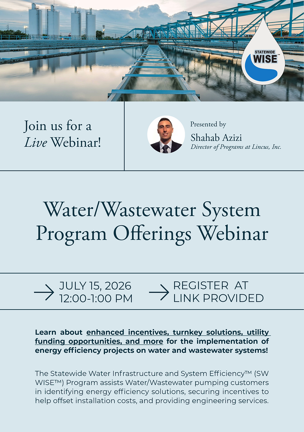 Webinar poster with water treatment plant photo, SW WISE logo, and text: Water/Wastewater System Program Offerings Webinar, July 15, 2026