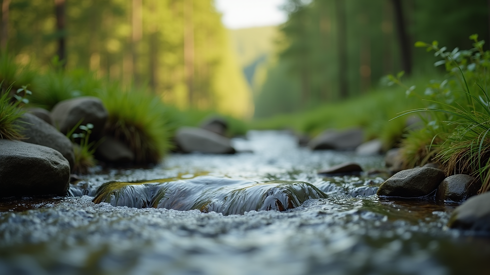 Close-up view of a serene nature scene with a flowing stream