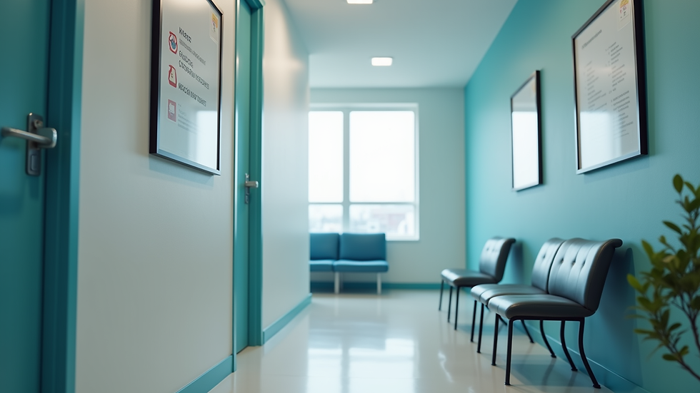 Eye-level view of outpatient clinic reception area with compliance posters