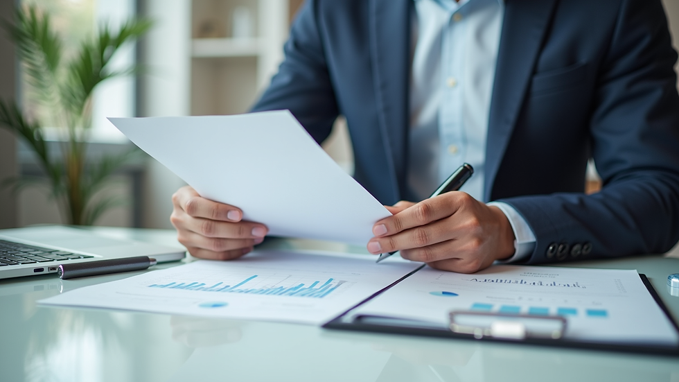 Close-up view of a consultant reviewing pharmacy startup documents