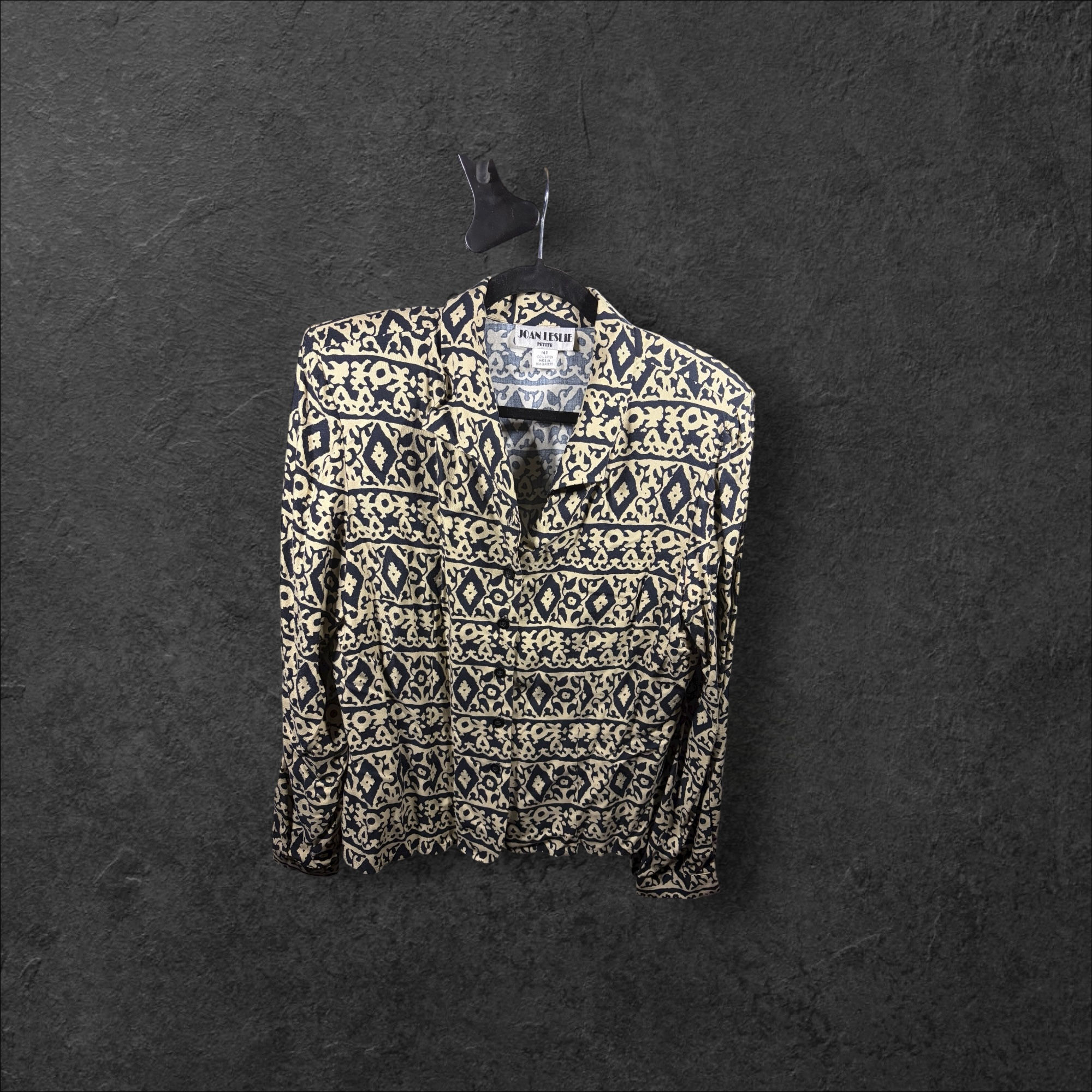 🖤 Joan Leslie Vintage Navy & Cream Geometric Blouse – 1990s Rayon Drape