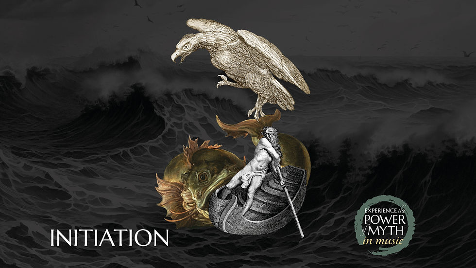 Eagle, merman, and fish collage on stormy ocean. Text: "INITIATION" and "Experience the Power of Myth in Music." Dramatic and mystical mood.