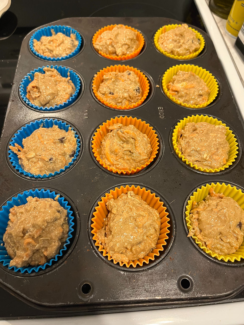 Muffin batter in the silicon baking cups ready to go in the oven.