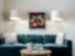 colorful kaboom print in nordic livingroom