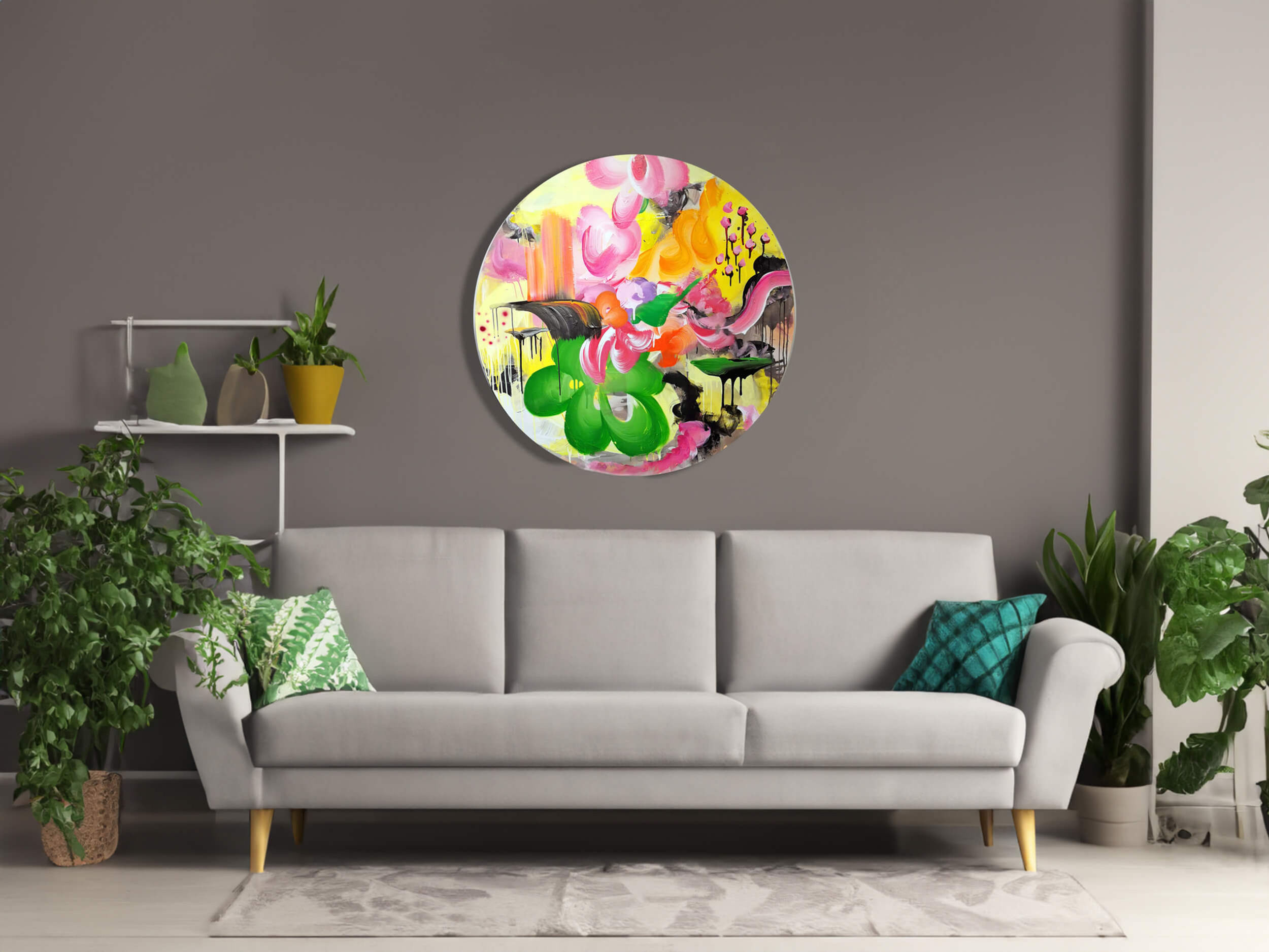 circle painting yellow black green with sofa