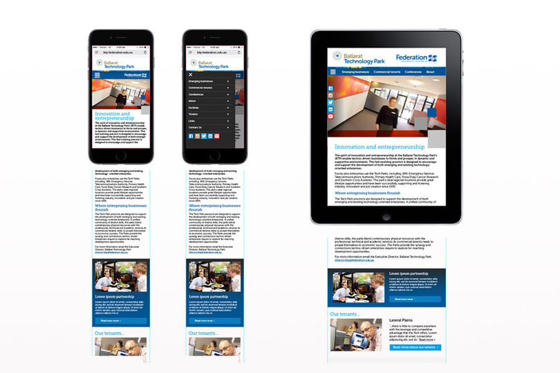 Mobile and tablet website concept for Ballarat Technology Park homepage