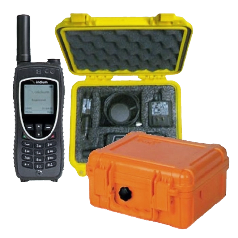 Gray satellite phone, open yellow protective case, and closed orange case.