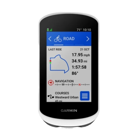 Garmin cycling computer displays "ROAD", "LAST RIDE", speed, distance, time, navigation.