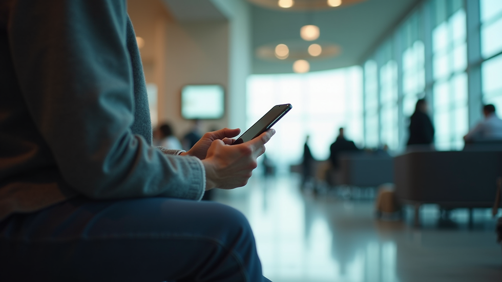 Eye-level view of a traveler using a smartphone in an airport lounge