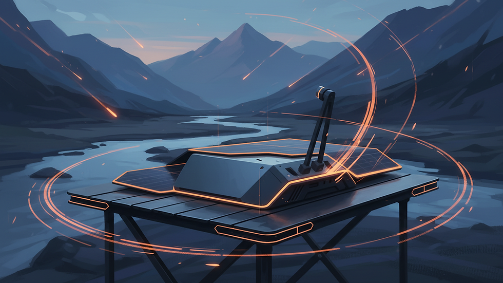 Close-up view of a portable satellite internet device on a camping table