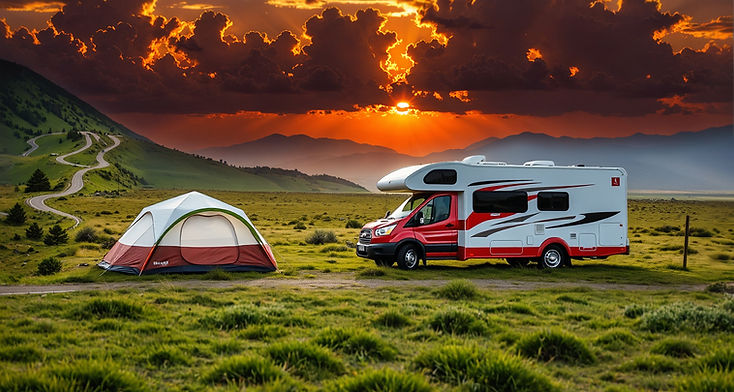 Red and white RV and tent in a scenic mountain sunset.