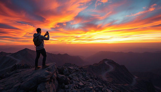 Person photographing fiery sunset from mountain peak with smartphone.
