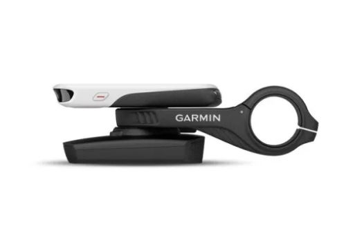 GARMIN cycling computer mounted on a black bicycle handlebar mount.
