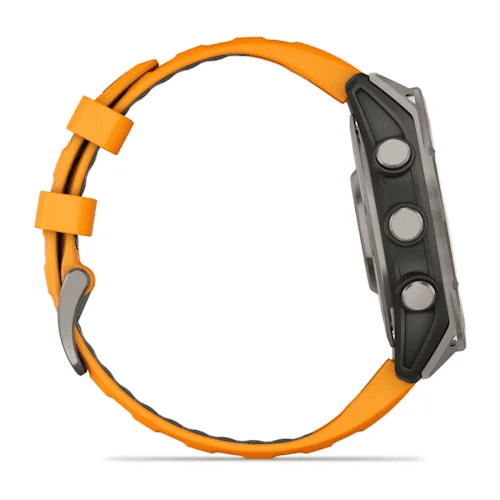 Garmin fēnix 8 47mm Sapphire Titanium with orange band side view