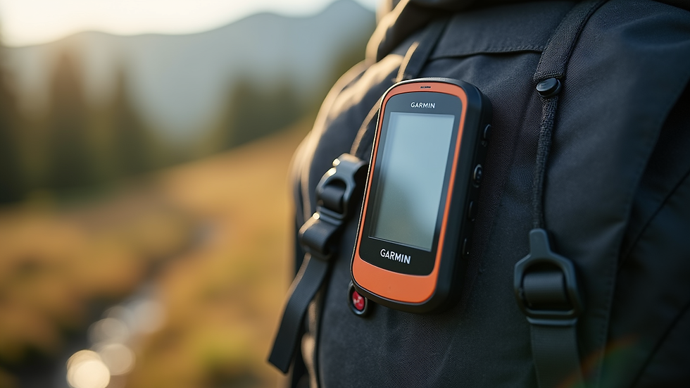 Close-up of a Garmin inReach device on a hiking backpack