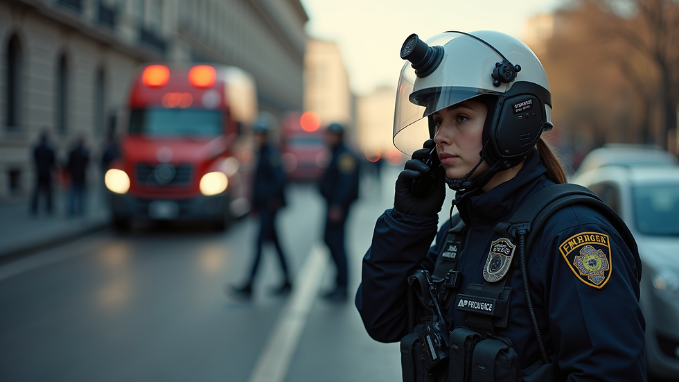 High angle view of emergency responders using communication devices outdoors