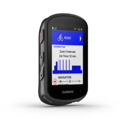 Garmin cycling computer displaying "ROAD", "NAVIGATION", and workout details.