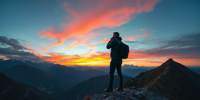 Person with backpack stands on mountain peak, vibrant sunset sky.