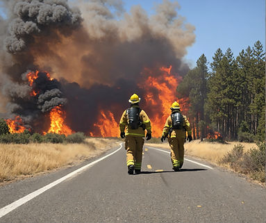 Two firefighters walk away from a massive wildfire on a dry road.