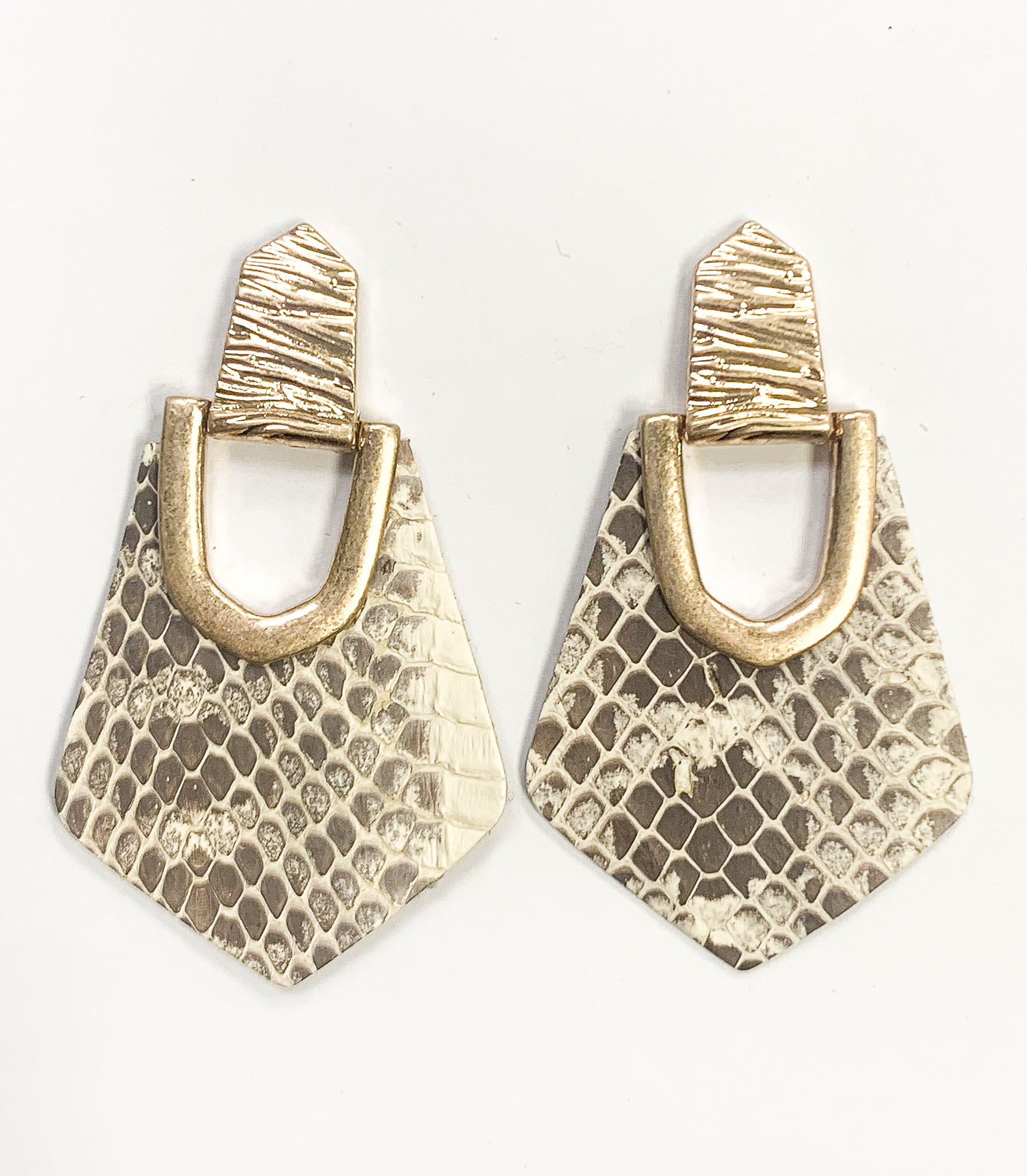 The Scaled Leather Statement Earrings, Cream & Brown