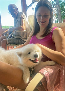 Samoyed puppy playfully interacting with family and children at a barbeque