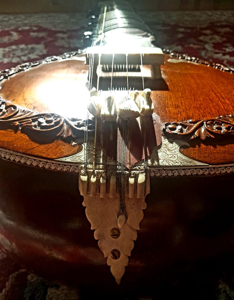 Thumbnail: Vintage Hiren Roy & Sons Surbahar with Garland Tabli Carving