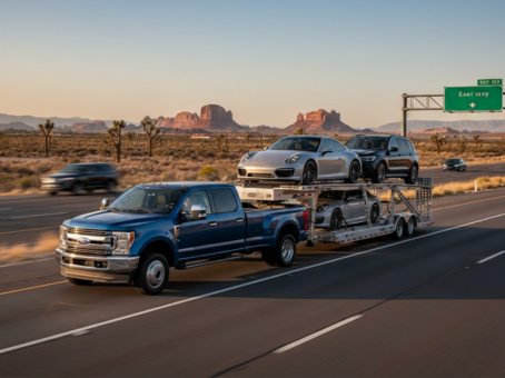 Hotshot car hauler on the road
