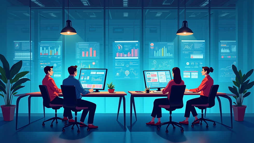 Eye-level view of a modern office workspace with multiple screens showing data analytics