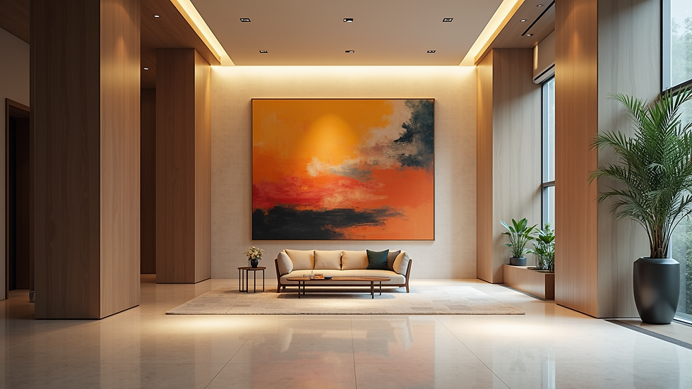 Eye-level view of a modern hotel lobby featuring a large abstract painting