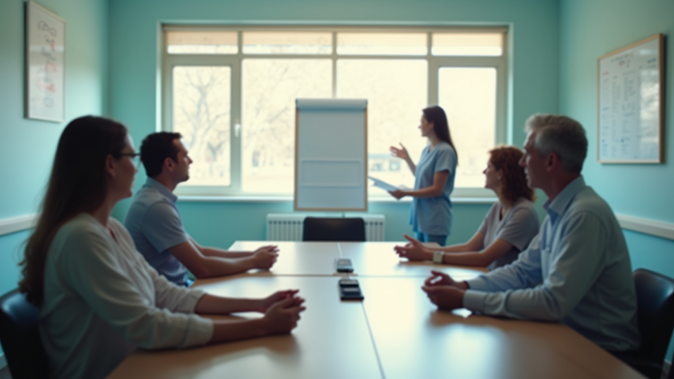 Eye-level view of a care facility meeting room with a consultant presenting