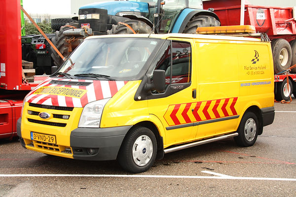 A Ford Transit escort vehicle for escorting exceptional transports from Pilot Service Holland from the Netherlands