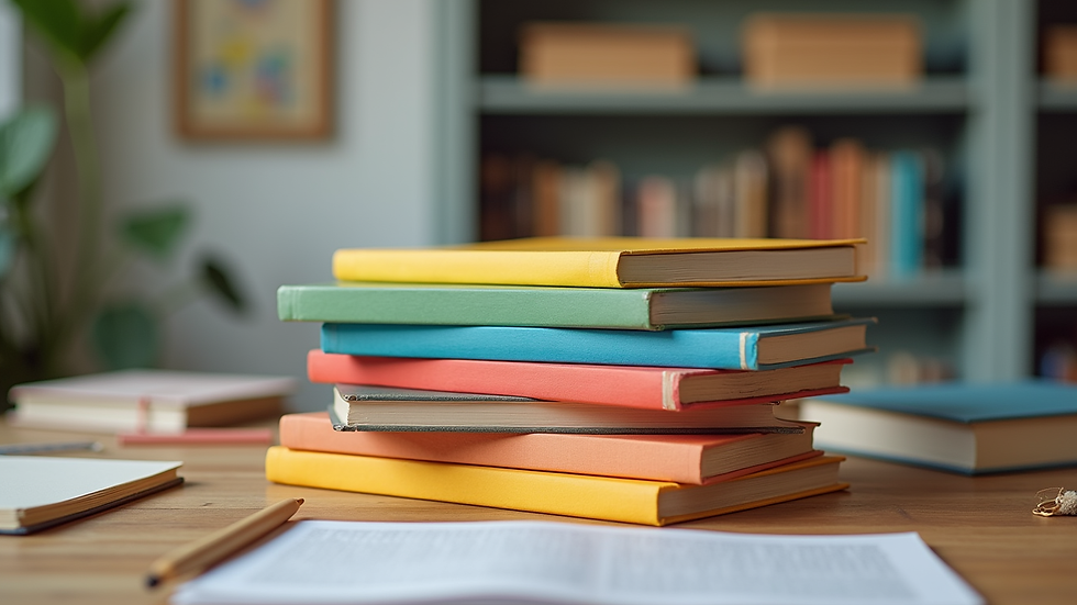 Eye-level view of a stack of colorful children's books