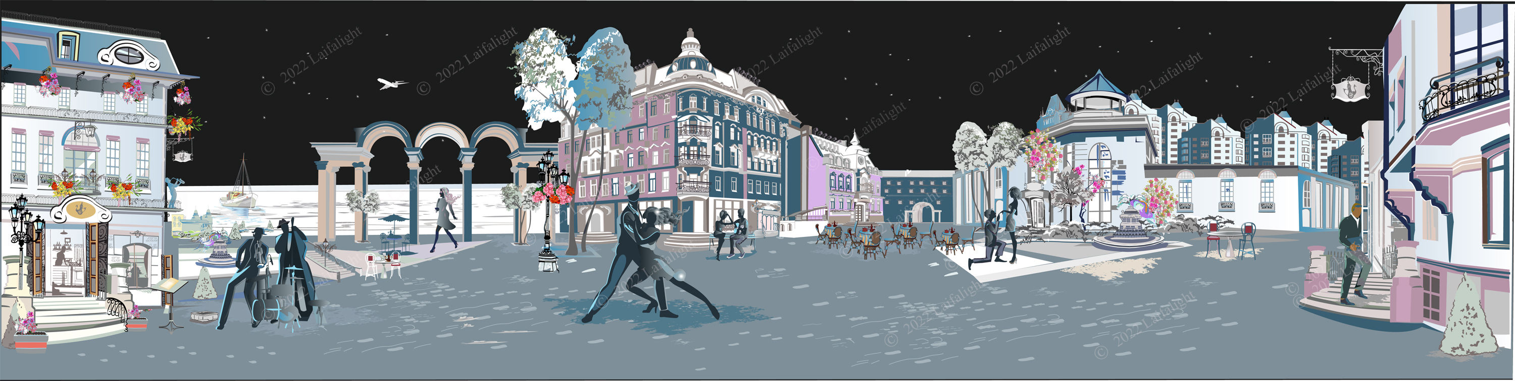 Night city street. Hand drawn vector illustration.
