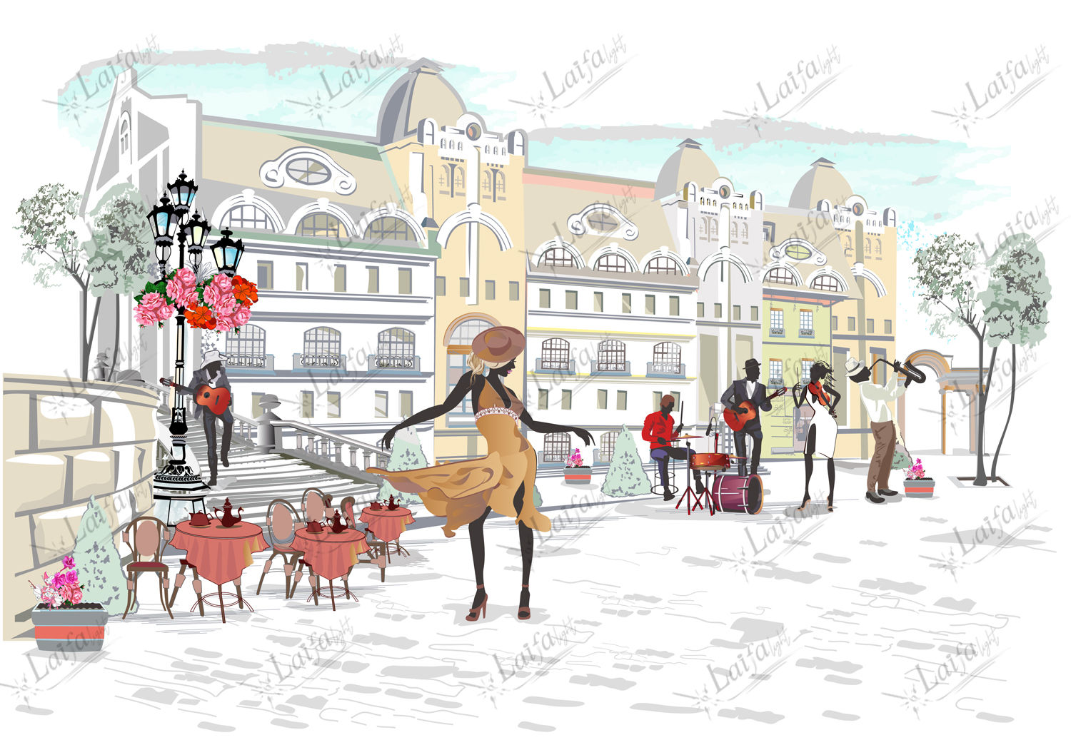 Beautiful girl dancing and musicians in the street.