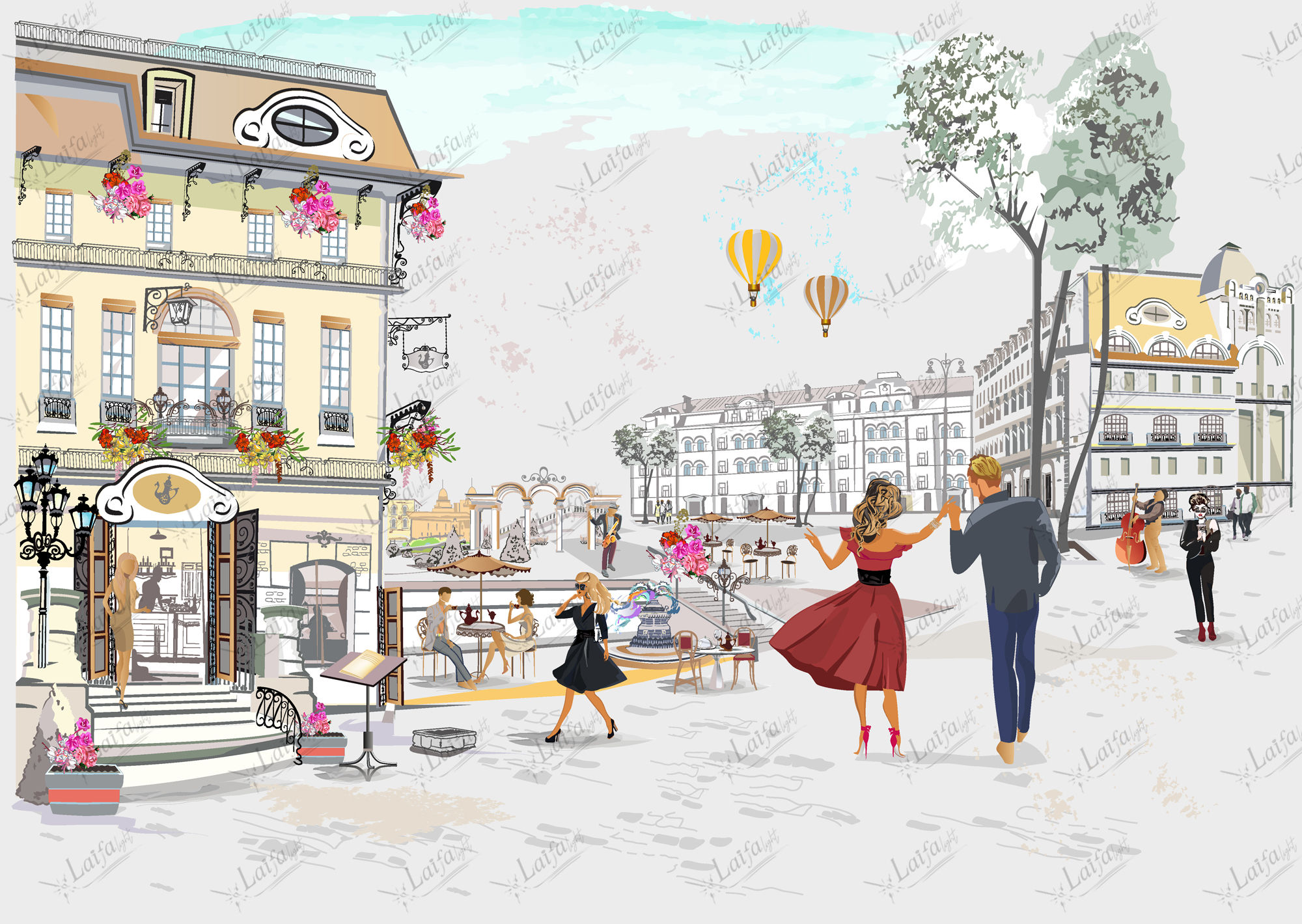 Romantic couple walking along the beautiful city.