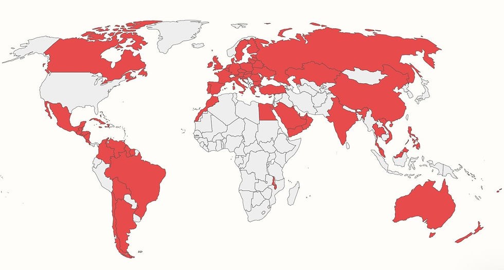 Gluten Is Required to Be Labeled as a Major/Priority Food Allergen on Packaged Foods In More than 85 Countries Worldwide (shaded in red), Not Including the United States. Source: Food Allergy Research and Resource Program at the University of Nebraska-Lincoln, https://farrp.unl.edu/IRChart