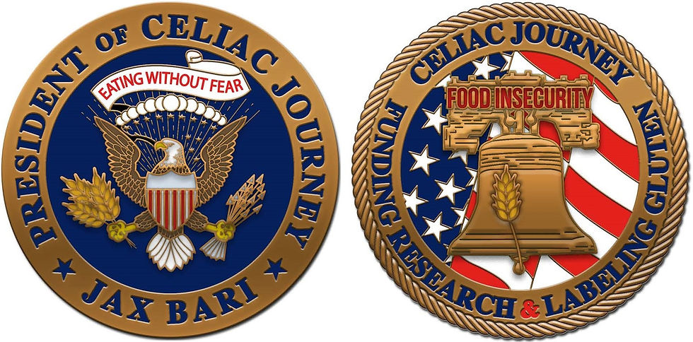 Jax Bari's Celiac Journey Challenge Coin: Eating Without Fear, Food Insecurity, the Liberty Bell, Funding Research, Labeling Gluten