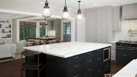Kitchen view of glass globe pendants over a marble island countertop, dining room in the background