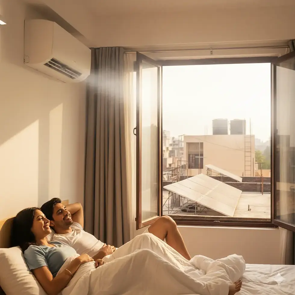 Couple relaxing in bed under a white duvet, enjoying sunrise through an open window. Rooftop view outside, with soft morning light.