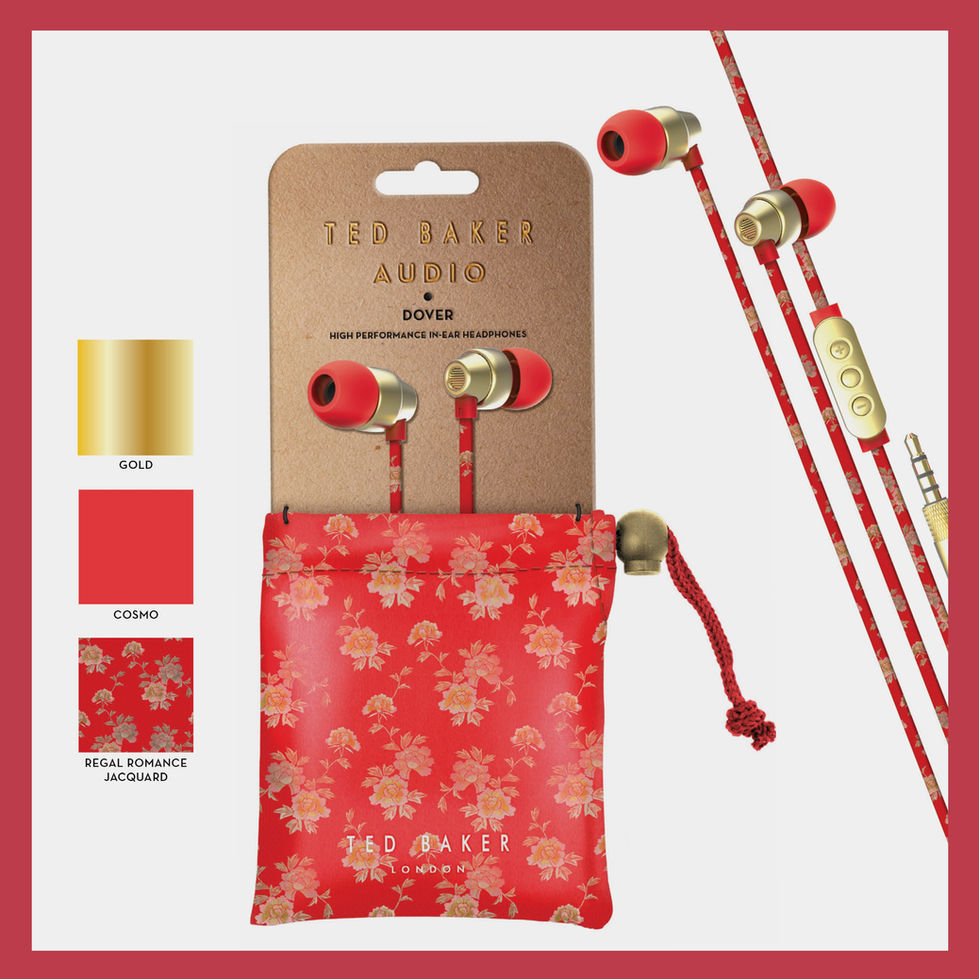 Red and gold earphones with decorative pouch.