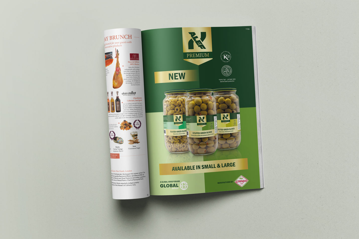 Magazine open to a page with olive advertisement.
