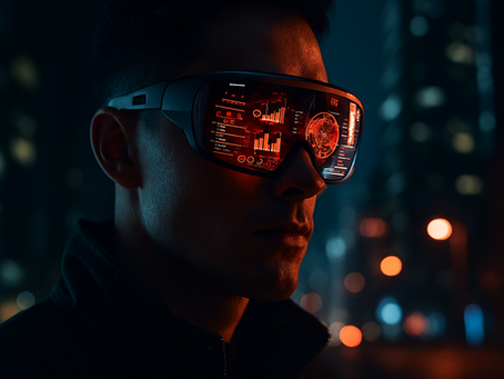 Close-up cinematográfico de uma pessoa usando óculos futuristas de realidade aumentada em uma cidade moderna à noite. Os óculos exibem sobreposições digitais em vermelho e branco, incluindo mapas, gráficos e objetos 3D interativos. O fundo escuro e urbano tem estética cyberpunk, com luzes desfocadas e alto contraste.