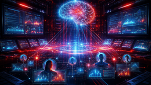 Interface futurista de inteligência artificial analisando dados contextuais de usuários para personalizar experiências de marketing digital.