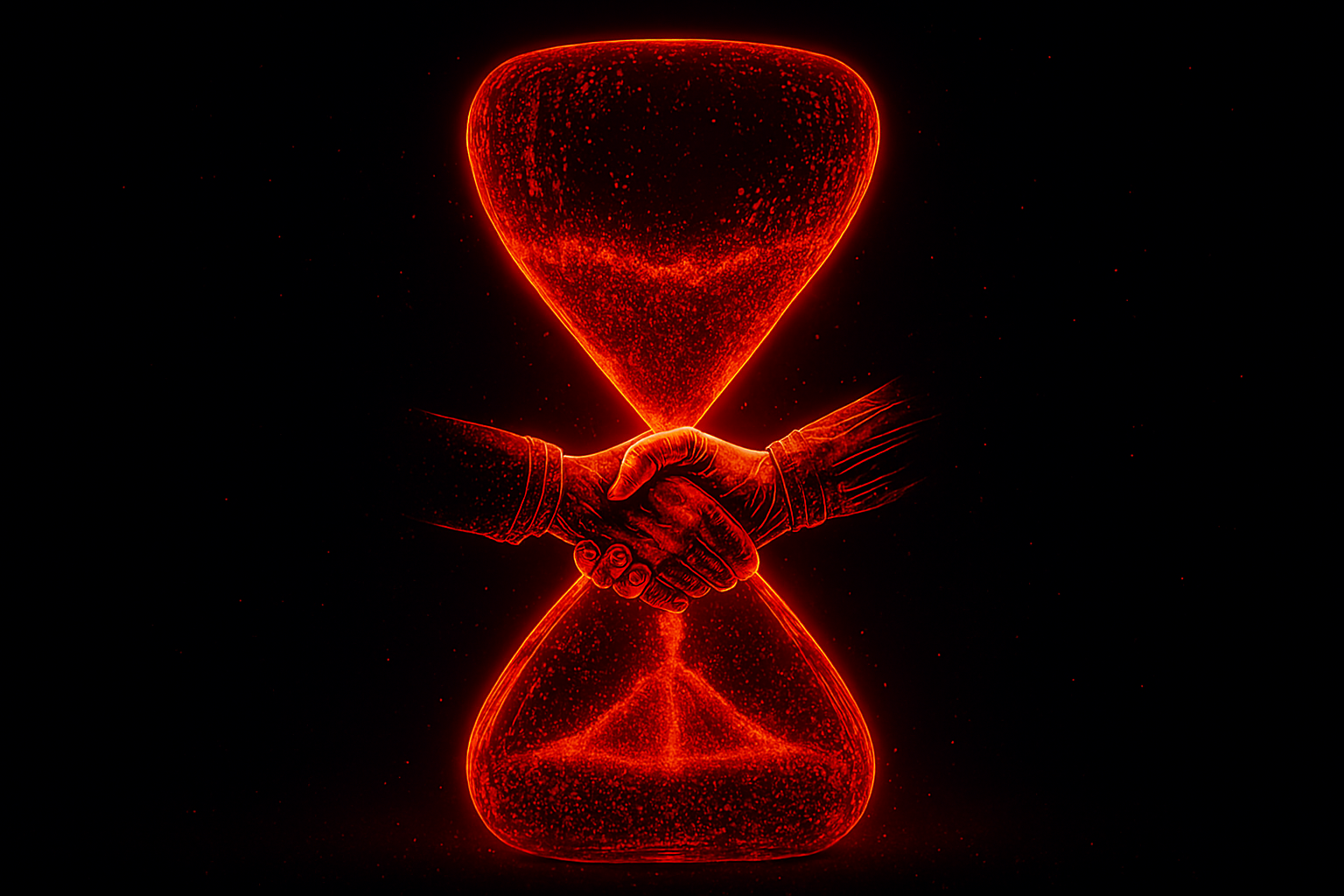 Arte conceitual futurista de uma ampulheta vermelha brilhante feita de partículas digitais, com mãos humanas e robóticas se cumprimentando no centro, simbolizando a união entre ética e tecnologia no marketing digital de 2026.