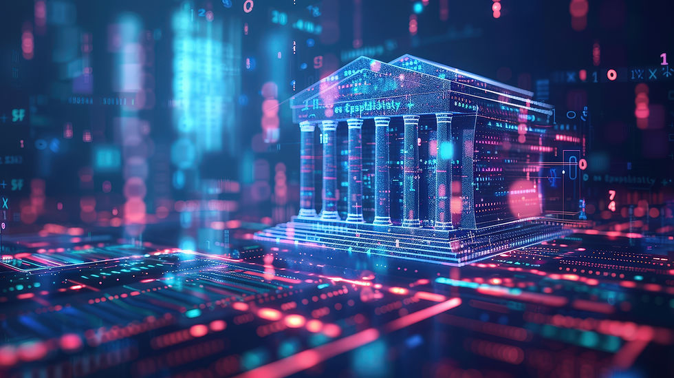 Glowing digital institution structure symbolizing the bridge between traditional finance infrastructure and Web3