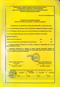 Certificat de. inregistrare pentru comercializarea produselor de protectia plantelor